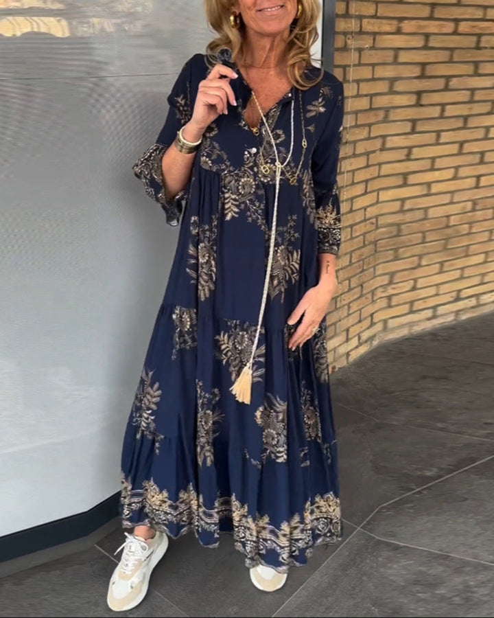 Rose™ – Vintage Lockerer V-Ausschnitt Midi-Kleid