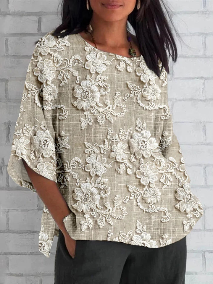 Larissa™ - Vintage Bluse aus Leinen und Spitze mit floralem Muster