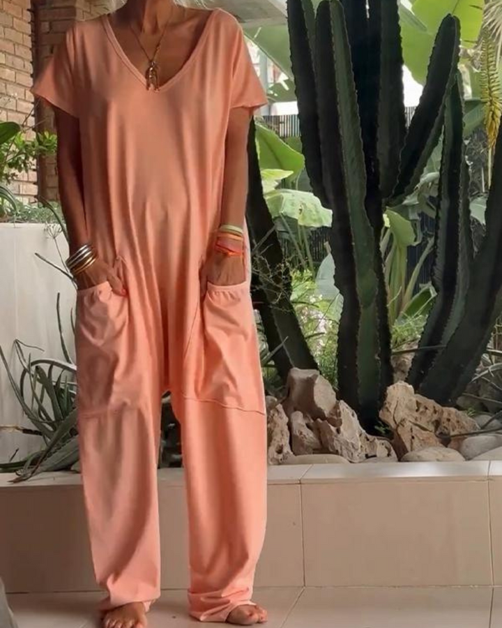 Yelena™ - Lässiger V-Ausschnitt Einfarbiger Jumpsuit