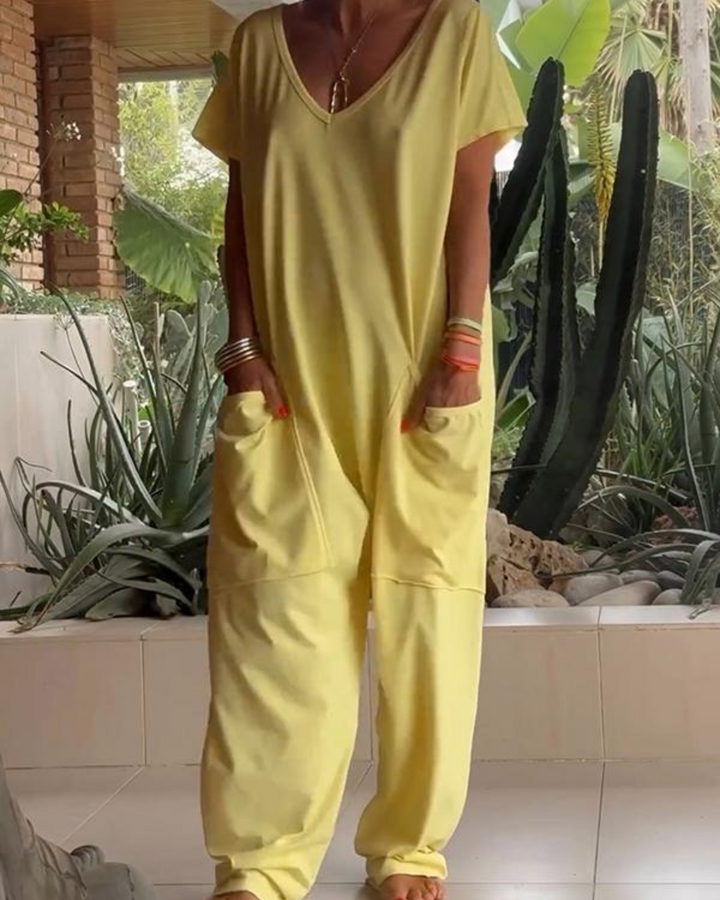 Yelena™ - Lässiger V-Ausschnitt Einfarbiger Jumpsuit