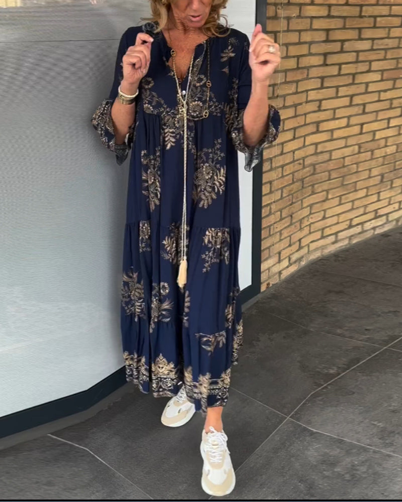 Rose™ – Vintage Lockerer V-Ausschnitt Midi-Kleid