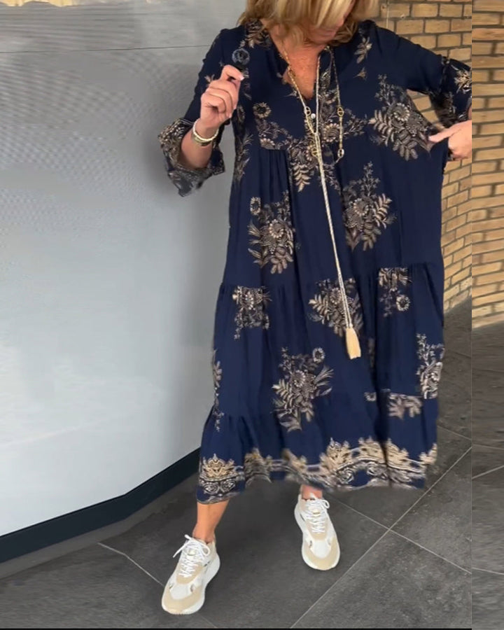 Rose™ – Vintage Lockerer V-Ausschnitt Midi-Kleid