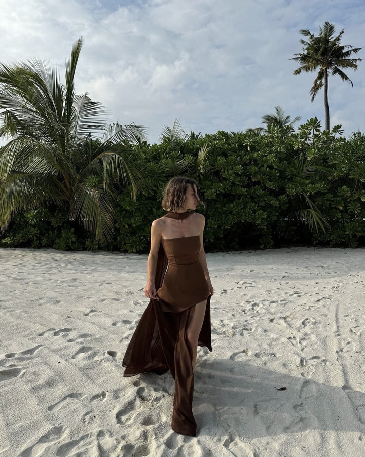 Ariadne - Strapless Patchwork Mesh Asymmetrisches Maxikleid