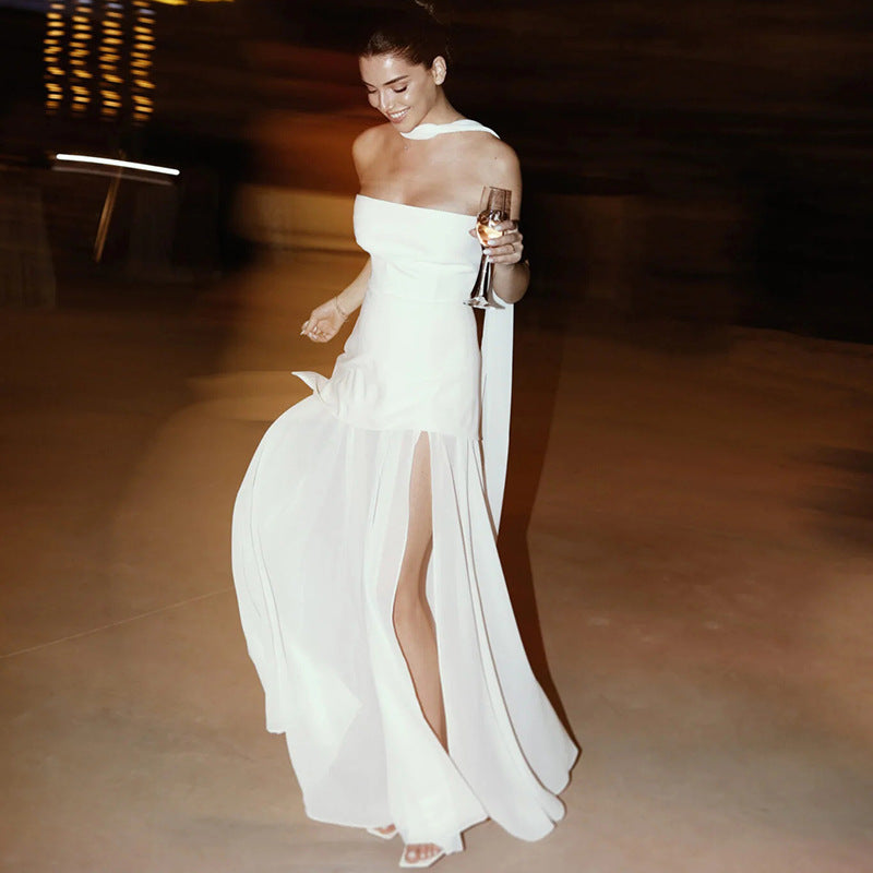 Ariadne - Strapless Patchwork Mesh Asymmetrisches Maxikleid