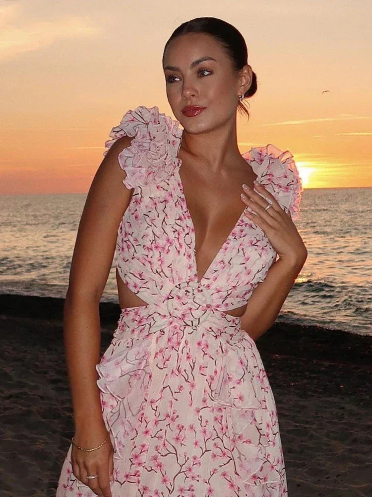 Aurora - Elegantes Rückenfreies Rüschens Maxikleid