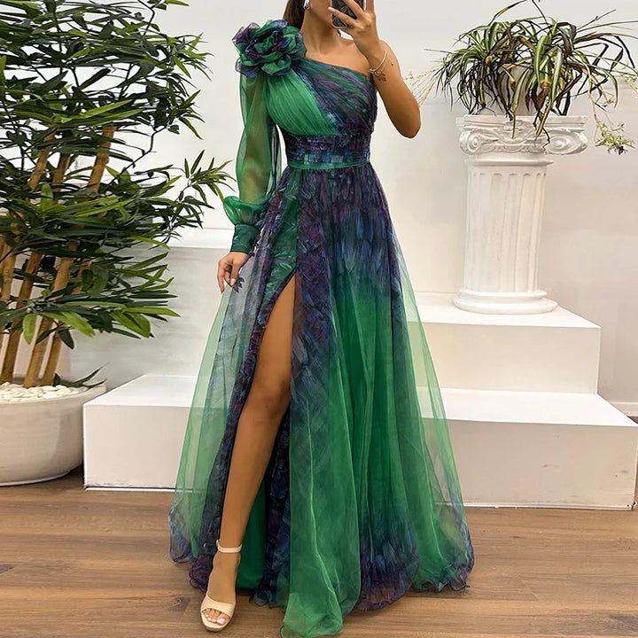 Sienna – Trendy Maxikleid mit einem Schulter und Netzdruck