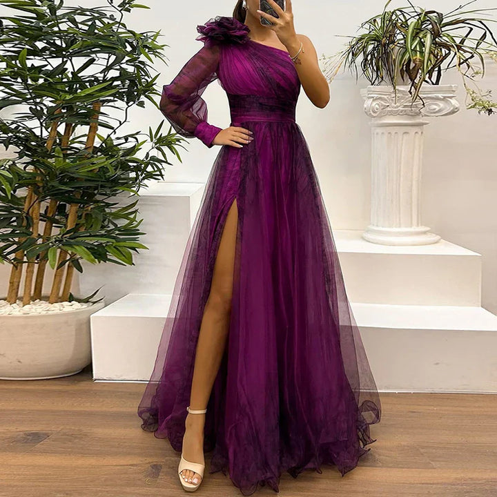 Sienna – Trendy Maxikleid mit einem Schulter und Netzdruck