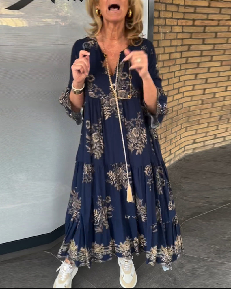 Rose™ – Vintage Lockerer V-Ausschnitt Midi-Kleid