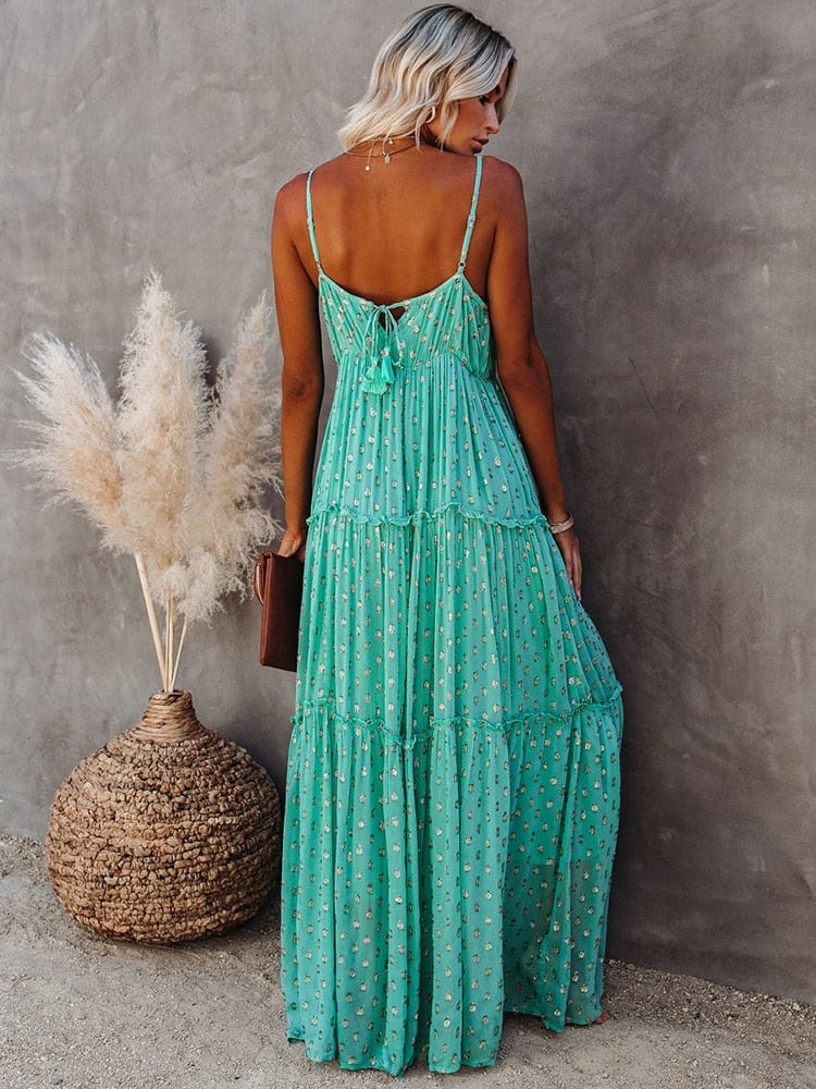 Evi™ Grüne Maxi Kleid Mit V-Ausschnitt Und Sommerlichem Ibiza-Print