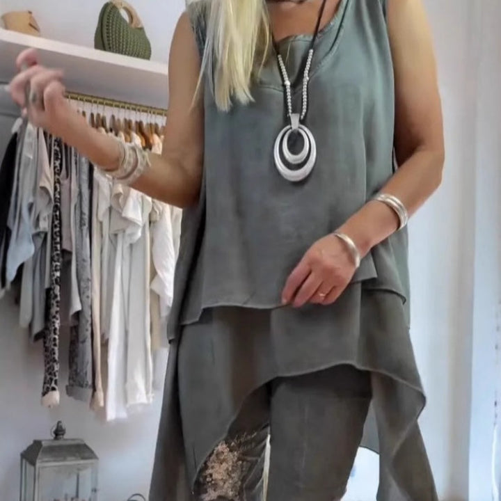 Olive™ - Damen Zweiteiliges Set: Ärmelloses Oberteil und Bedruckte Hose