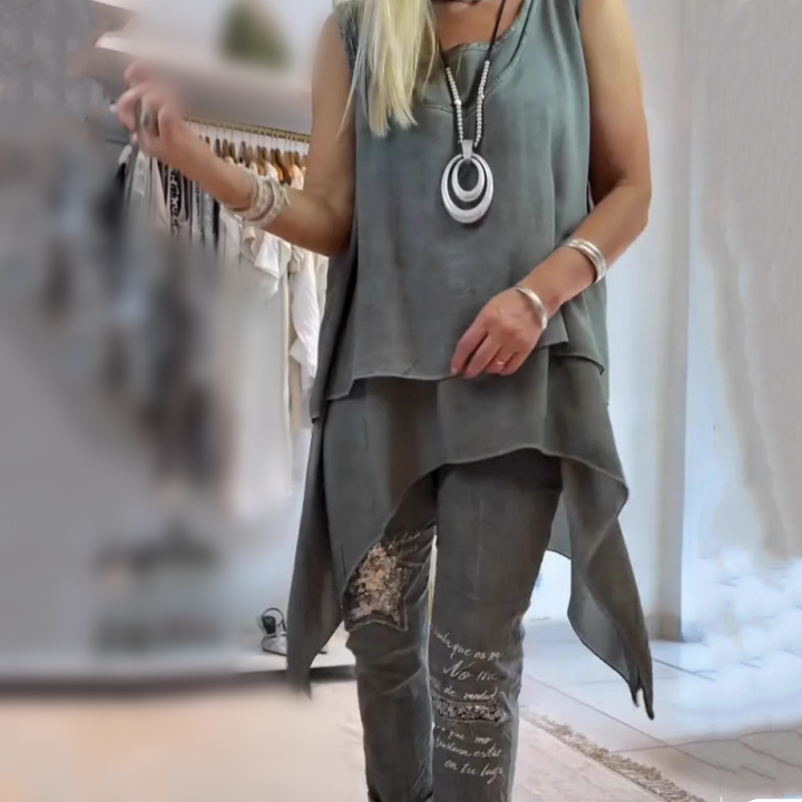 Olive™ - Damen Zweiteiliges Set: Ärmelloses Oberteil und Bedruckte Hose